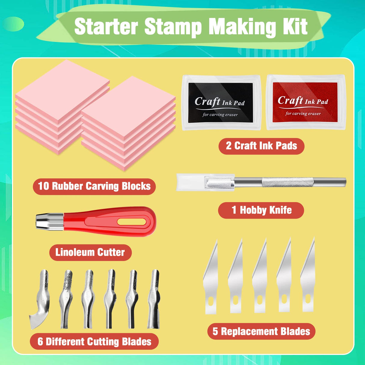 WAYCOM 10-Pack Linoleum Blocks for Printmaking with Cutter Tools, Rubber Stamp Making Kit Rubber Block Stamp Carving Blocks Craft Ink Pad Hobby Knife Pencil for DIY Printmaking,Printing and More WAYCOM