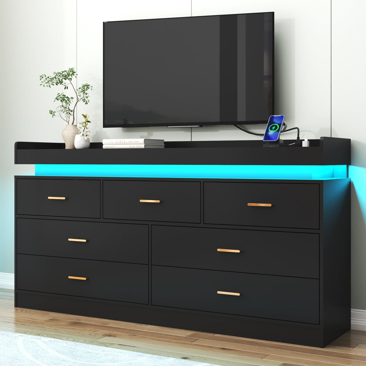 7 Drawer Dresser with LED Light and Charging Station, Modern Chest of Drawers for Closet, Wide Drawer Organizer Cabinet for Bedroom, Living Room, Entryway, Hallway, Black Hlivelood