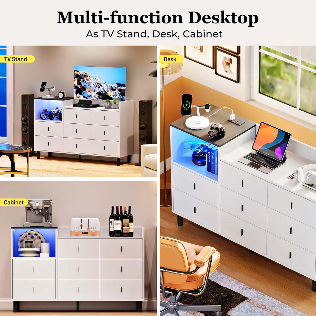 Viplive Dresser, White Dresser for Bedroom, 52 Inch Long Dresser with LED Light, Large Dressers for Bedroom, Modern Wood Dresser & Chests of Drawers, 8 Drawers Dresser for Women Girls Viplive