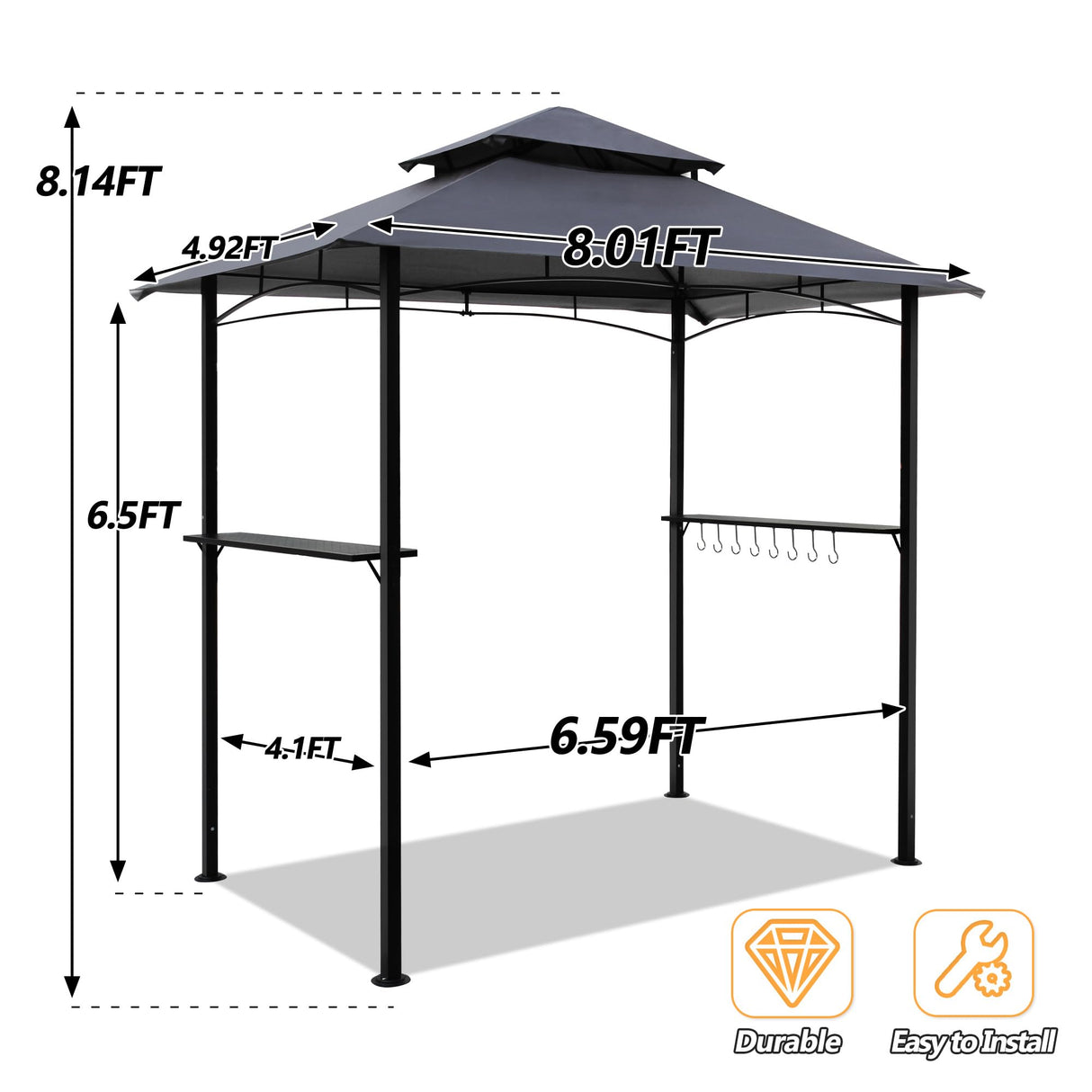 Raysfung 8'x 5' Grill Gazebo Canopy, Outdoor BBQ Gazebo with Led Light, Barbeque Gazebo Shelter for Patio (Grey) Raysfung