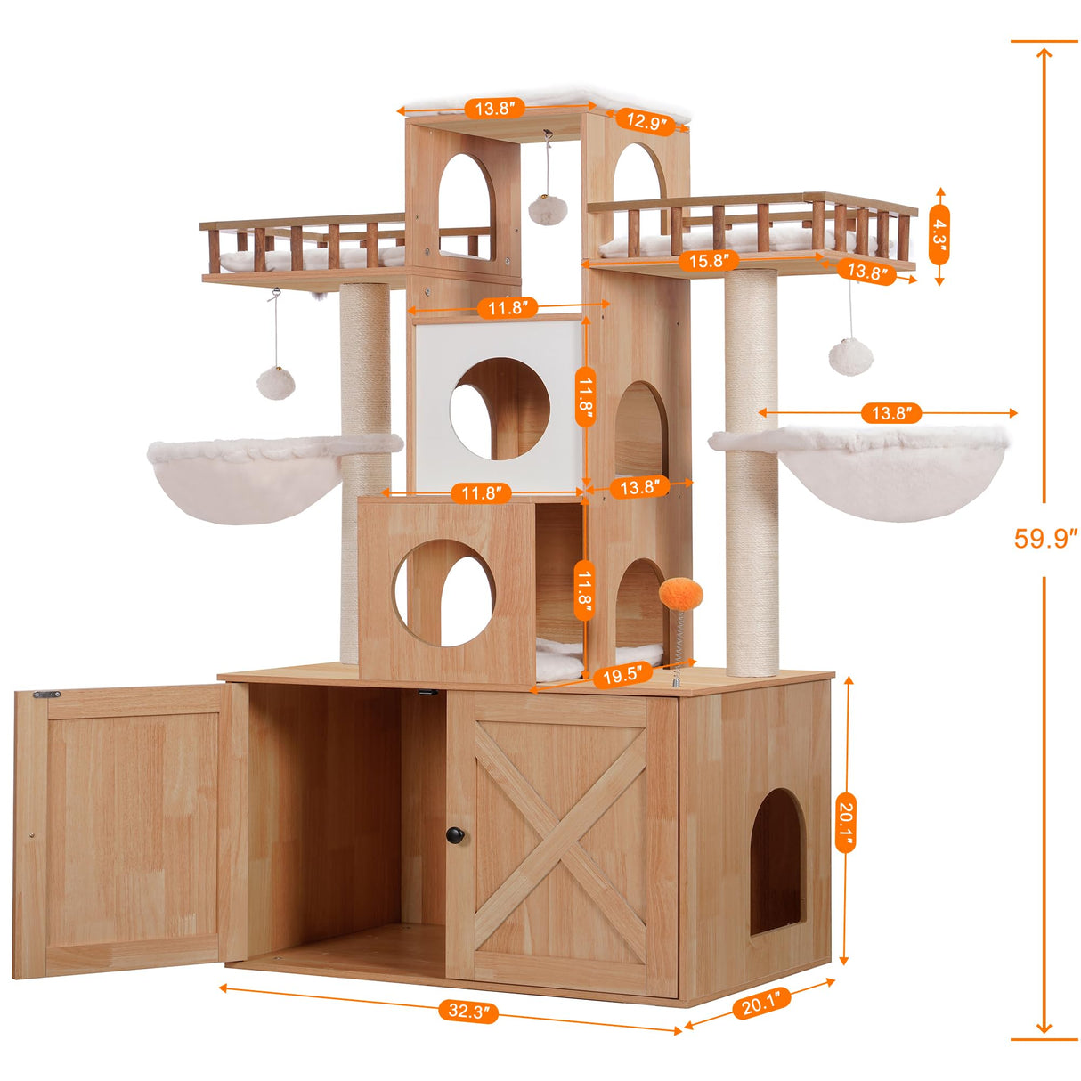 Heybly Cat Tree with Litter Box Enclosure for Indoor Big Cat, Cat Tower for Large Cats 20 lbs Heavy Duty,Modern Cat Condo Furniture with Scratching Posts, Walnut HCT110WB Heybly