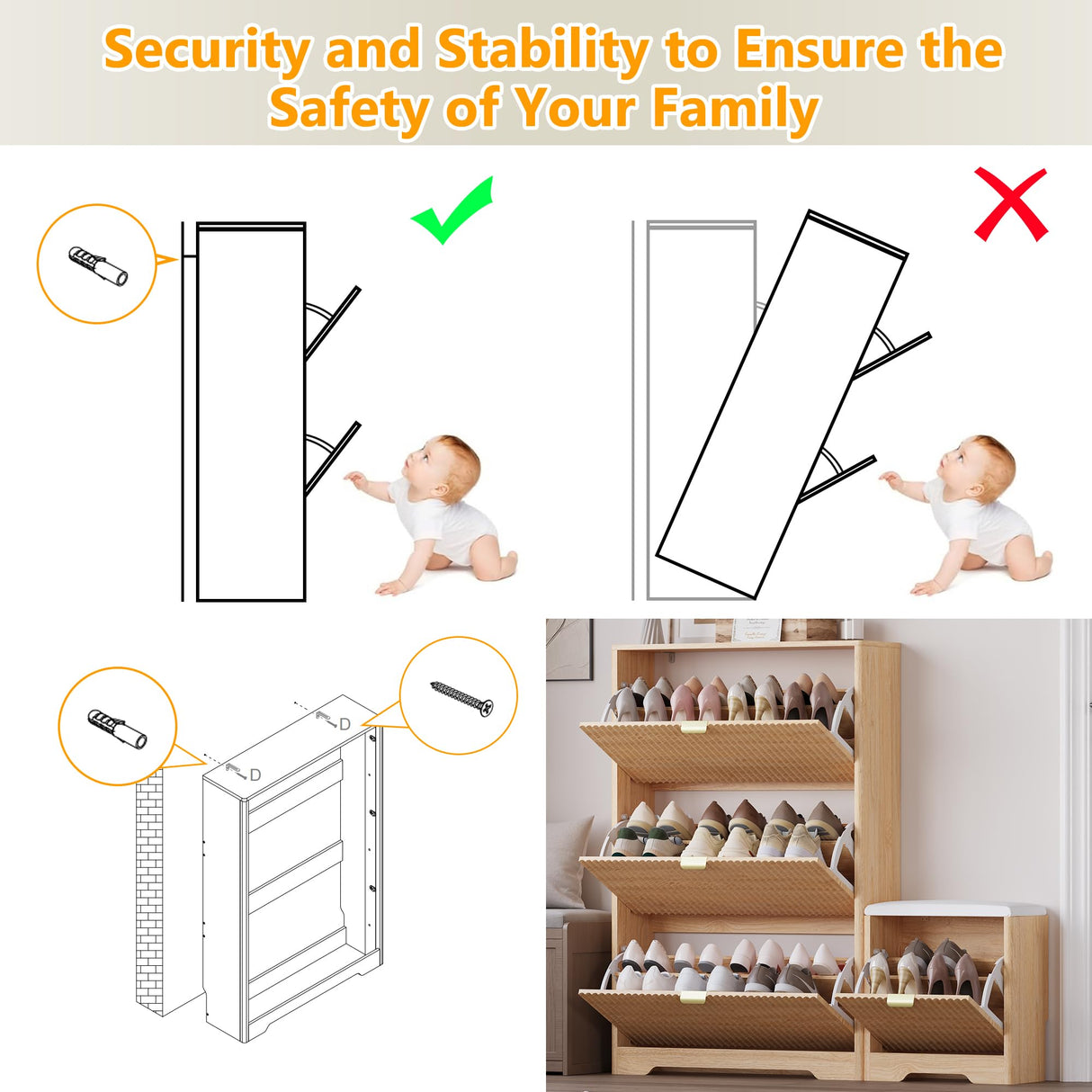 BORNOON Slim Shoe Cabinet with Bench for Entryway, Hidden Storage and Adjustable Shelves, Free Standing Wooden Shoes Organizer for Foyer, Hallway BORNOON