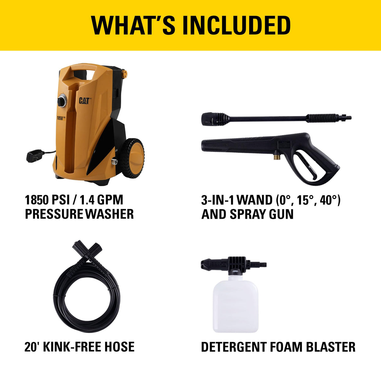 CAT Electric Pressure Washer 1850 PSI 1.4 GPM with 20' high-Pressure Hose, Quick Release Gun, 3-in-1 Nozzle Lance, Foam Cannon Water Pressure Washers, Power Washer for Your Home Patio, Driveway & RV CAT
