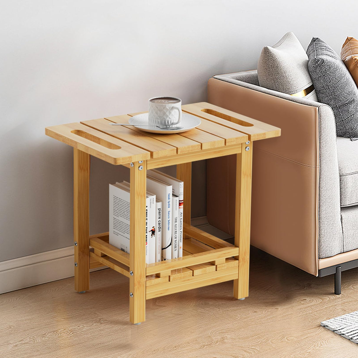 Highpro Bamboo Shower Bench, Shower Benches for Inside Shower with Storage Shelf for Shaving Legs Spa Bathroom, Waterproof Wood Shower Stool Seat Chair for Adults Seniors Women, Non-Slip and Handles Highpro