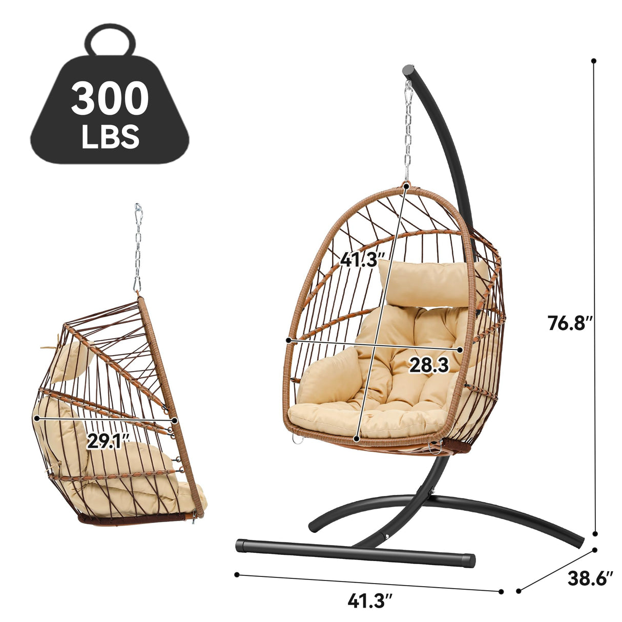 YITAHOME Hanging Egg Chair, Outdoor Patio Wicker Hammock Egg Chair Indoor with Cushion, Rattan Swing Chair 350lbs for Balcony, Garden Bedroom, Beige with Stand YITAHOME