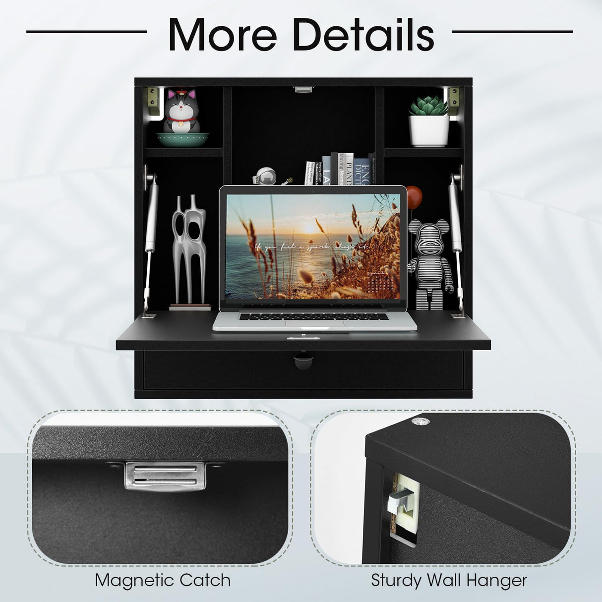 Tangkula Wall Mounted Desk, Multi-Function Floating Desk Wall Mount Laptop Desk, Space Saving Wall Mounted Table Wall Desk with Storage Drawer and Shelves (Black) Tangkula