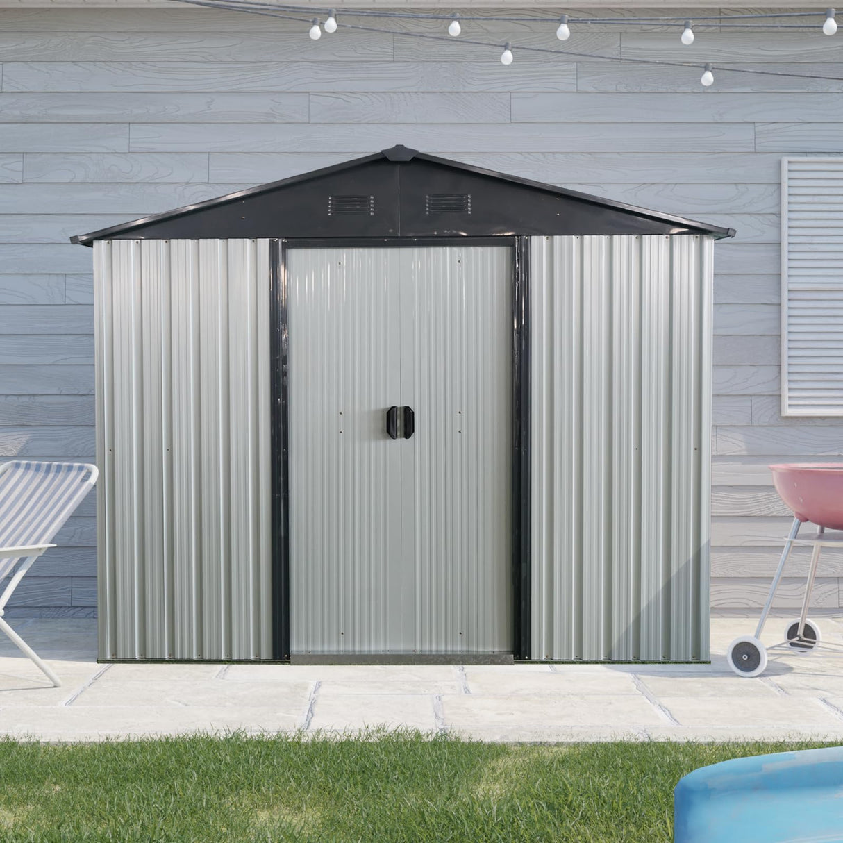 HiHomely 8ft 4ft Outdoor Metal Storage Shed with Sliding Door & Foundation – Durable, Weather -, Lockable for, Tools & Equipment (White + Black) (1 Doors) HiHomely