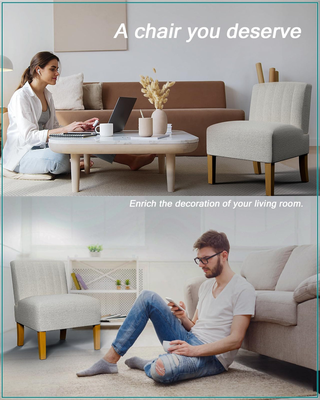 Armless Accent Chairs Set of 2 for Bedroom, Bedroom Chair for Bedroom Living Room Chair with Solid Wood Legs, Makeup Vanity Chair Fabric Comfy Upholstered Reading Chair Accent Chair,Beige VIRRMO