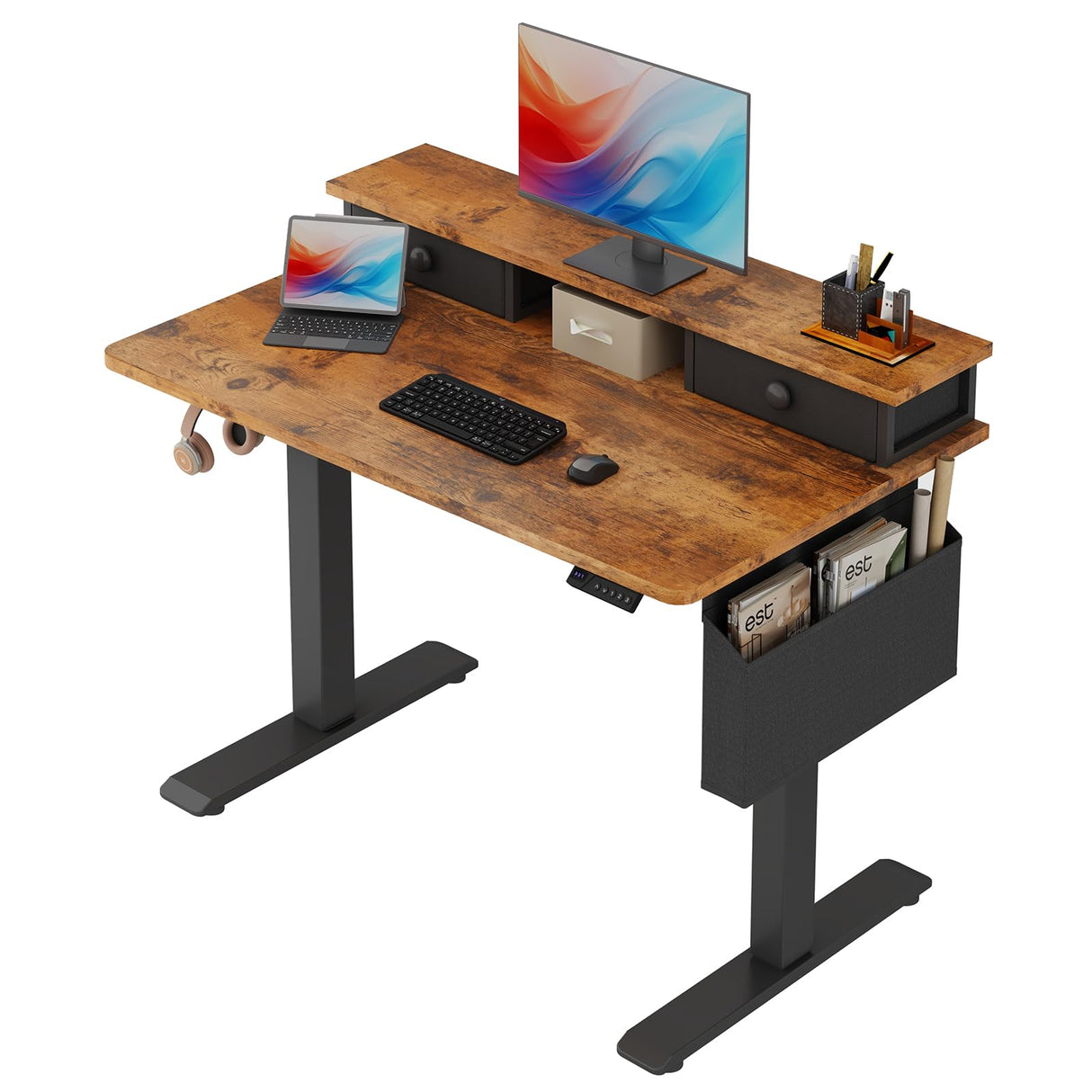 Electric Standing Desk Adjustable Height - 40 Inch Sit Stand Desk with Storage Drawers , Small Standing Desks with Shelf Monitor Stand, Kids Girls Computer Desks for Bedroom Home Office, Rustic Brown KLUVIS