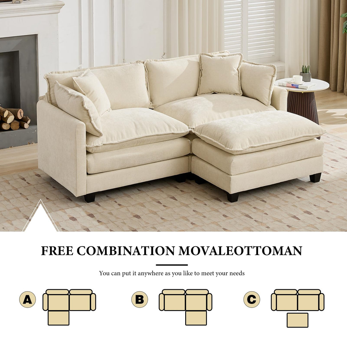 76.7" Oversized Beige Loveseat Sofa, Ivory Off-White 2 Seater Large Sectional Couches for Living Room, Chenille Fabric Modular Sectional Sofa with 1 Ottoman, Modern Sofas Set, Love Seat Couches ODUSE-DAILY
