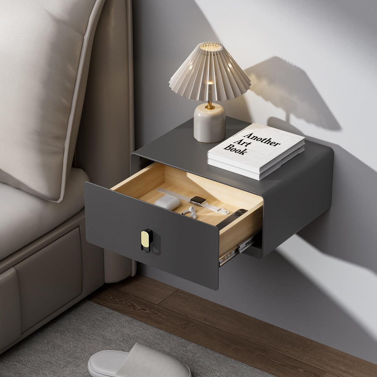 VICITON Modern Floating Nightstand with Solid Wood Drawer, Wall Mounted Bedside Table for Bedroom (Dark Gray, Small) VICITON