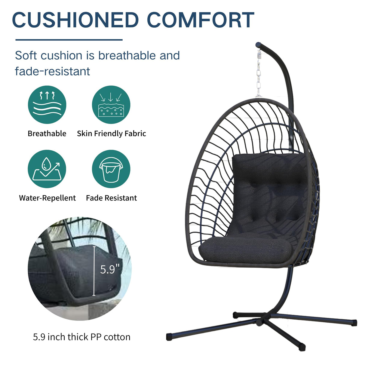 Kingdura Hanging Egg Chair with Stand Indoor Outdoor, Foldable Rattan Wicker Hammock Egg Swing Chair for Bedroom Porch Patio Garden, Thickened Cushion, 350LBS Capacity, Heavy Duty Frame Kingdura
