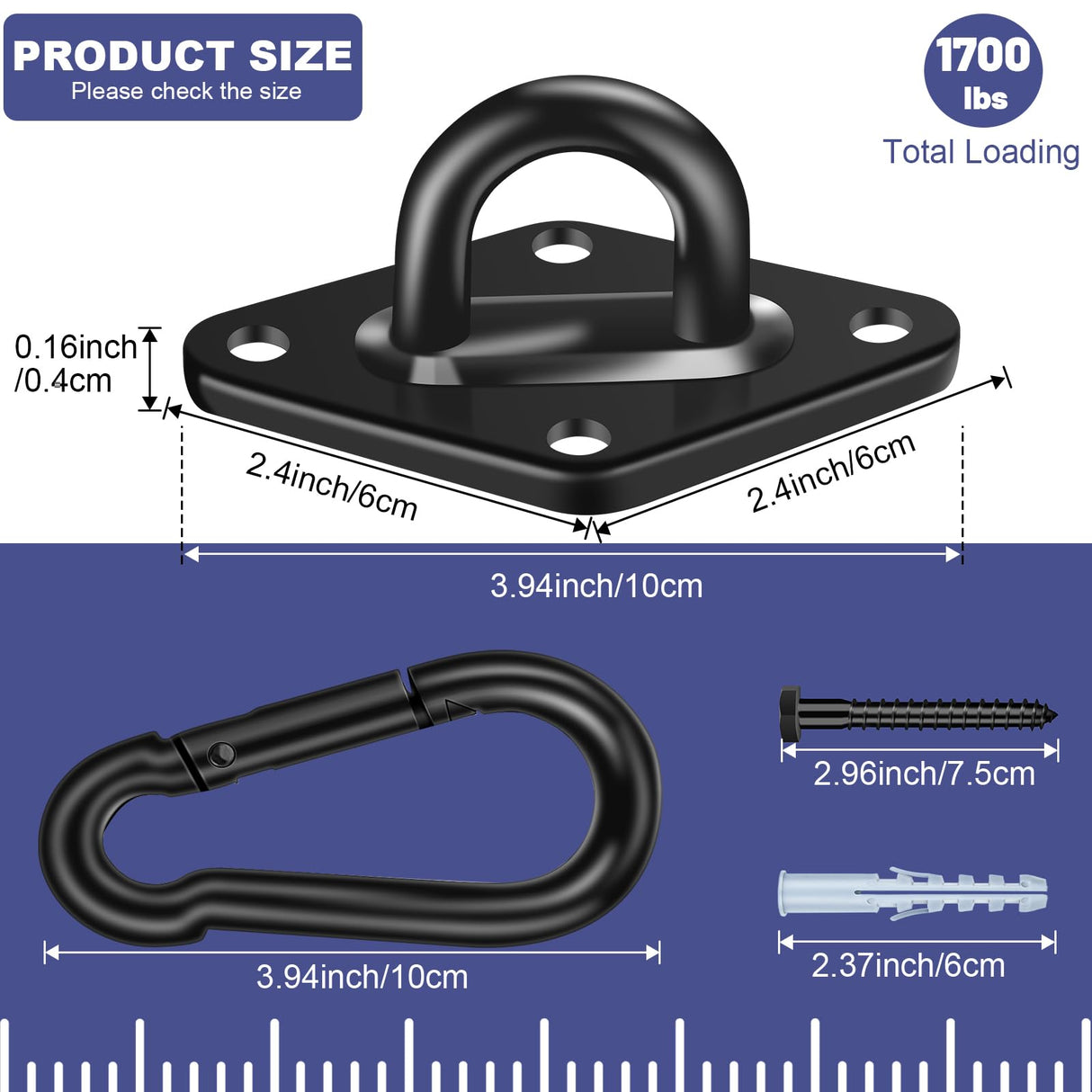 Feanron Hammock Hooks 2 Pack, Heavy Duty Hammock Hanging Kit, M10 304 Stainless Steel Pad Eye Hanging Hooks for Porch Swing Hang, 1700Lbs Holding Capacity,Black Feanron