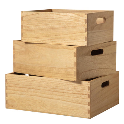 KIRIGEN Nesting Wood Crates with Handles Set of 3 - Farmhouse Decor Wooden Storage Containers/ Portable Rolling Tray Basket/ Crates Decorative Boxes Natural 3TH-NA