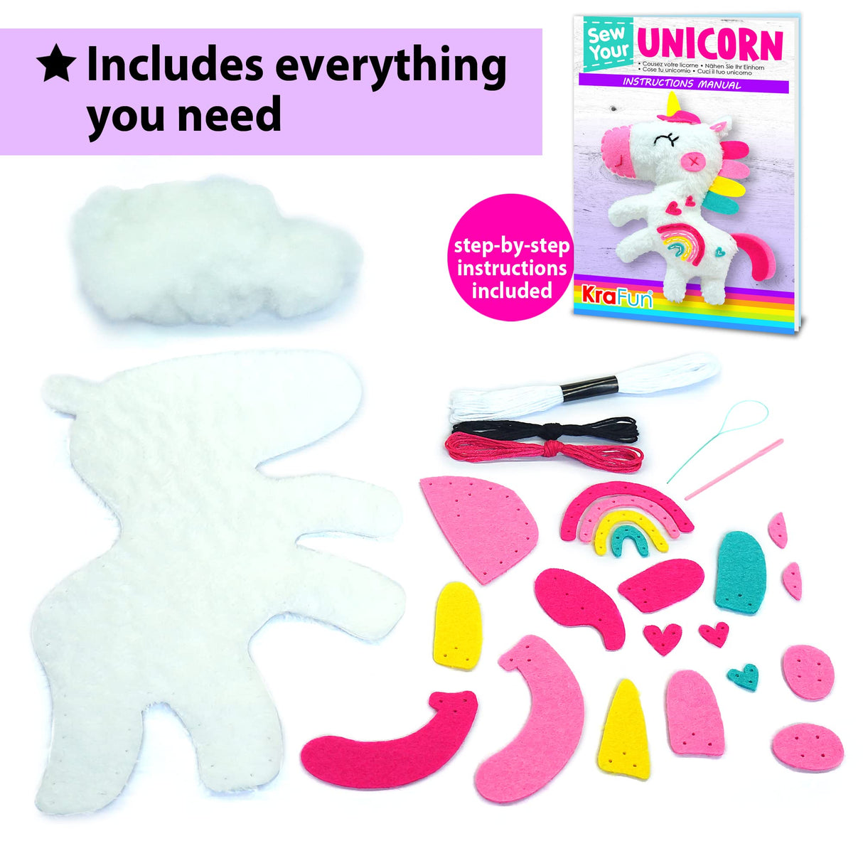 KRAFUN Beginner My First Unicorn Sewing Kit for Kids Art & Craft, Doll Plushie Animal, Instructions & Plush Felt Materials for Learn to Sew, Embroidery, Age 7 8 9 10 11 12 KRAFUN