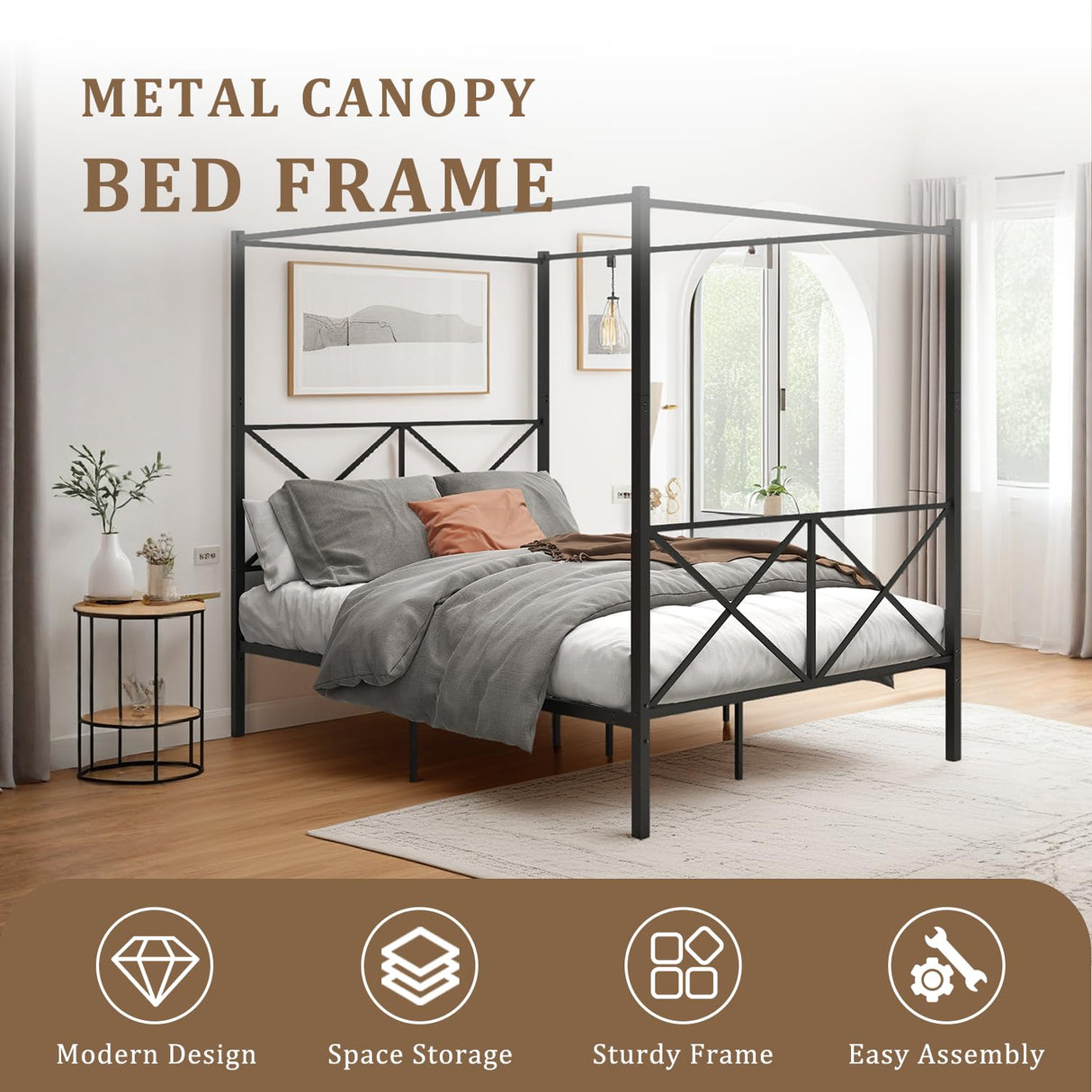 Queen Canopy Bed Frame, Metal Canopy Beds with 4 Poster Design and Geometric Accented Headboard and Footboard, No Box Spring Needed, Underbed Storage Space HomJoones