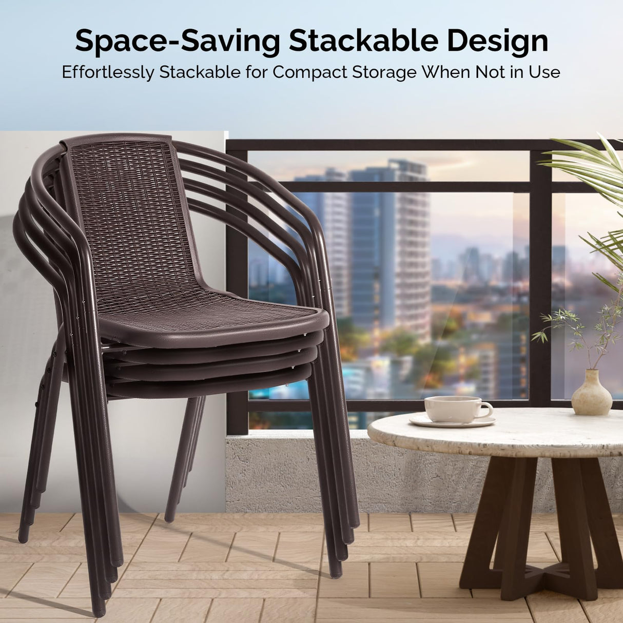 VINGLI Stackable Outdoor Chair Set of 4, Rattan Plastic Chair, Woven Rattan Cushion, Suitable for Backyard, Patio, Brown VINGLI