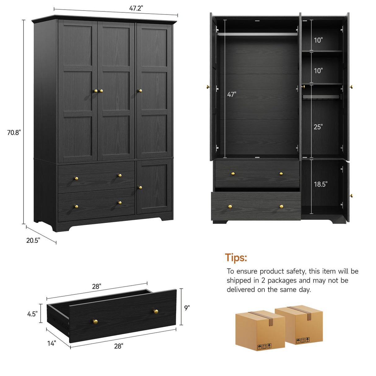 ONBRILL 3 Doors Wooden Wardrobe Closet Armoire with Pull Out Pants Rack, Bedroom Large Capacity Armoire with Drawers and Shelves, Storage Cabinet for Hanging Clothes, Black ONBRILL