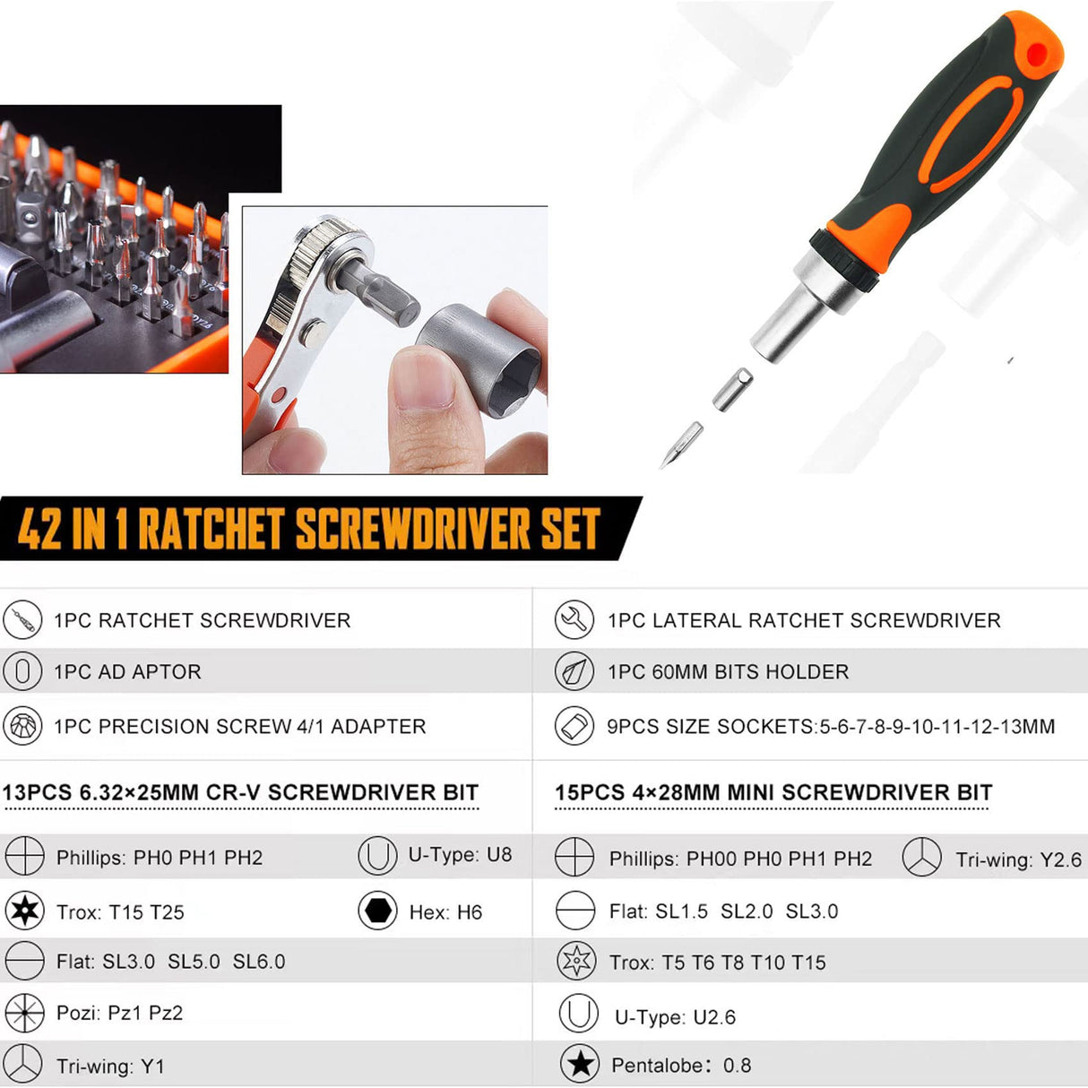 TOOLMAK Ratcheting Screwdriver Set Screwdriver 42 in 1 Ratchet Wrench Set, With Rotatable Ratchet Handles & Storage Case, Household Repair Tool Kits for Bike TOOLMAK