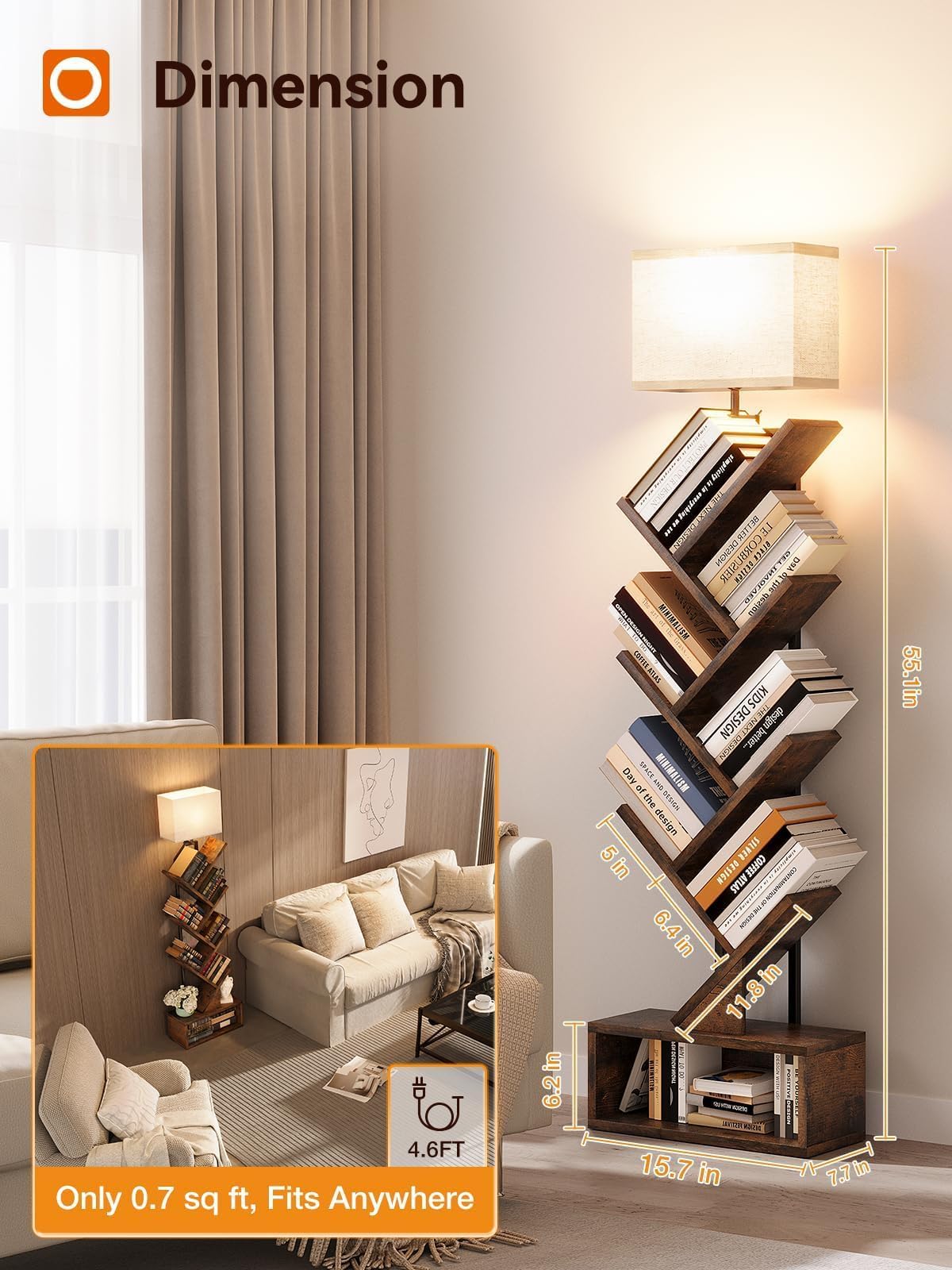 addlon 6-Tier Tree Book Shelf with LED Light, Steel&Wood Bookshelf with Storage Cabinet, Narrow Tall Bookcase with 3CCT Bulb, Small Bookshelf for Bedroom, Home Office&Living Room-Rustic Brown addlon