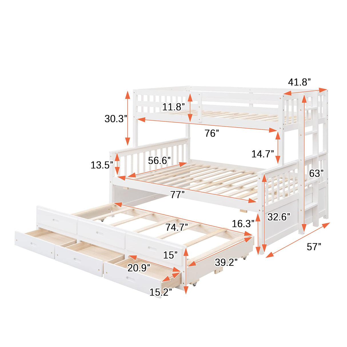 Harper & Bright Designs White Twin Over Full Bunk Bed with Trundle and Storage Drawers Harper & Bright Designs