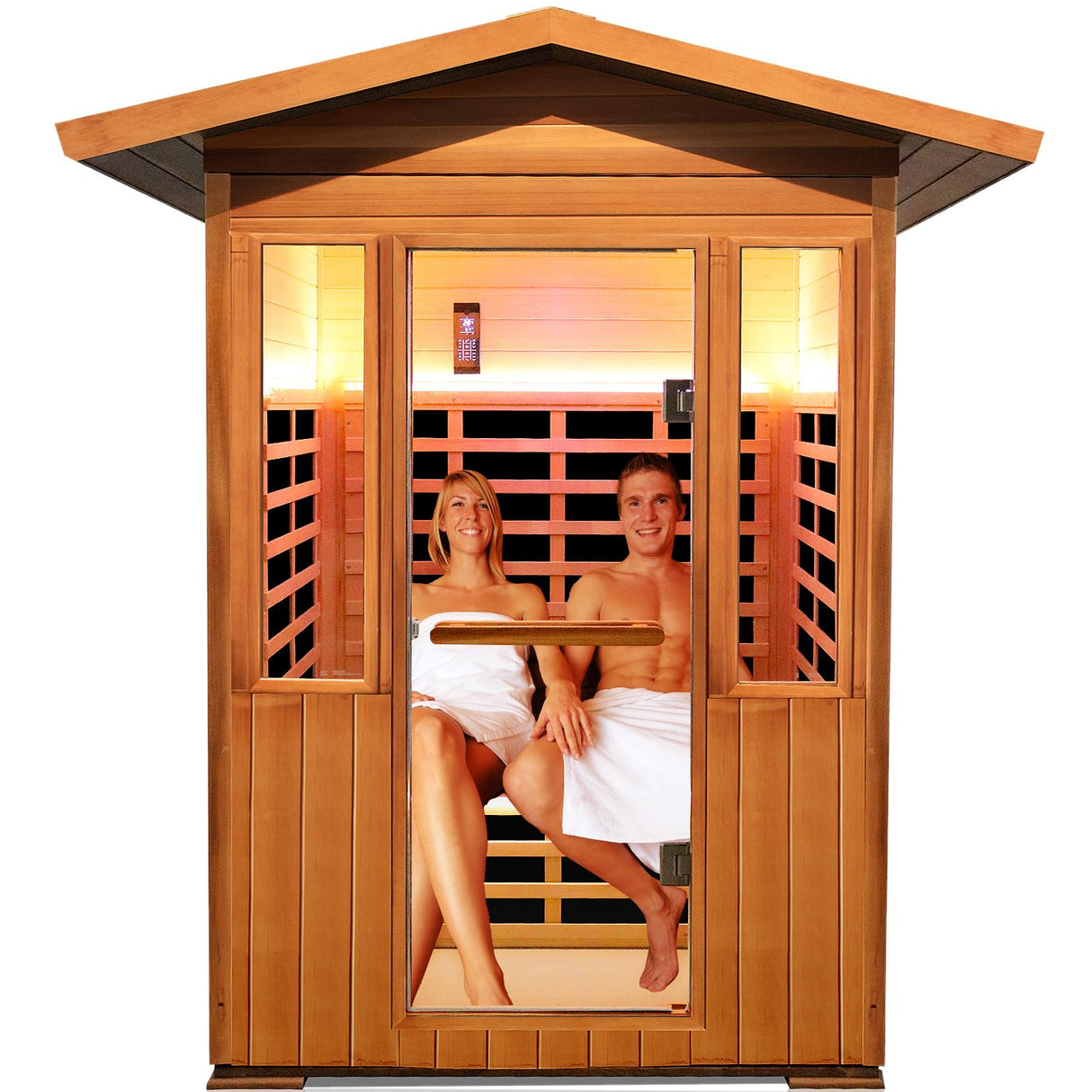 Outdoor Sauna 2 Person 1800W/110V Low EMF Dry Sauna Infrared Sauna for Home Inner Board Hemlock Wood/Outer Board Red Cedar, 8 Heating Panels with LCD Control Panel/Speaker and Tempered Glass Door HOSAUNA