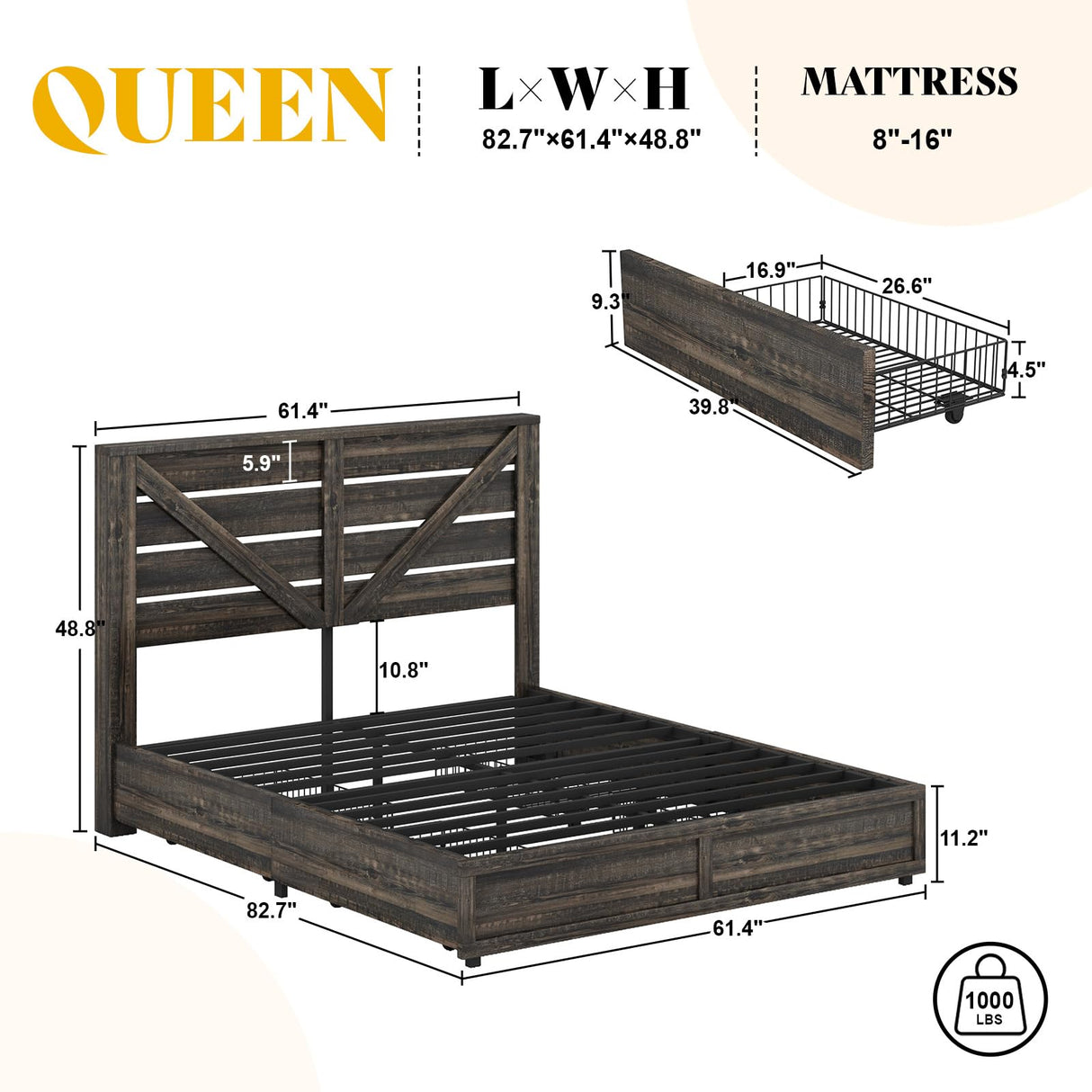 AMERLIFE Queen Size Farmhouse Bed Frame with 4 Drawers, Wooden Storage Bed Frame with Headboard and Heavy Duty Metal Slats, Noisy Free, Easy Assemble, Rustic Black AMERLIFE