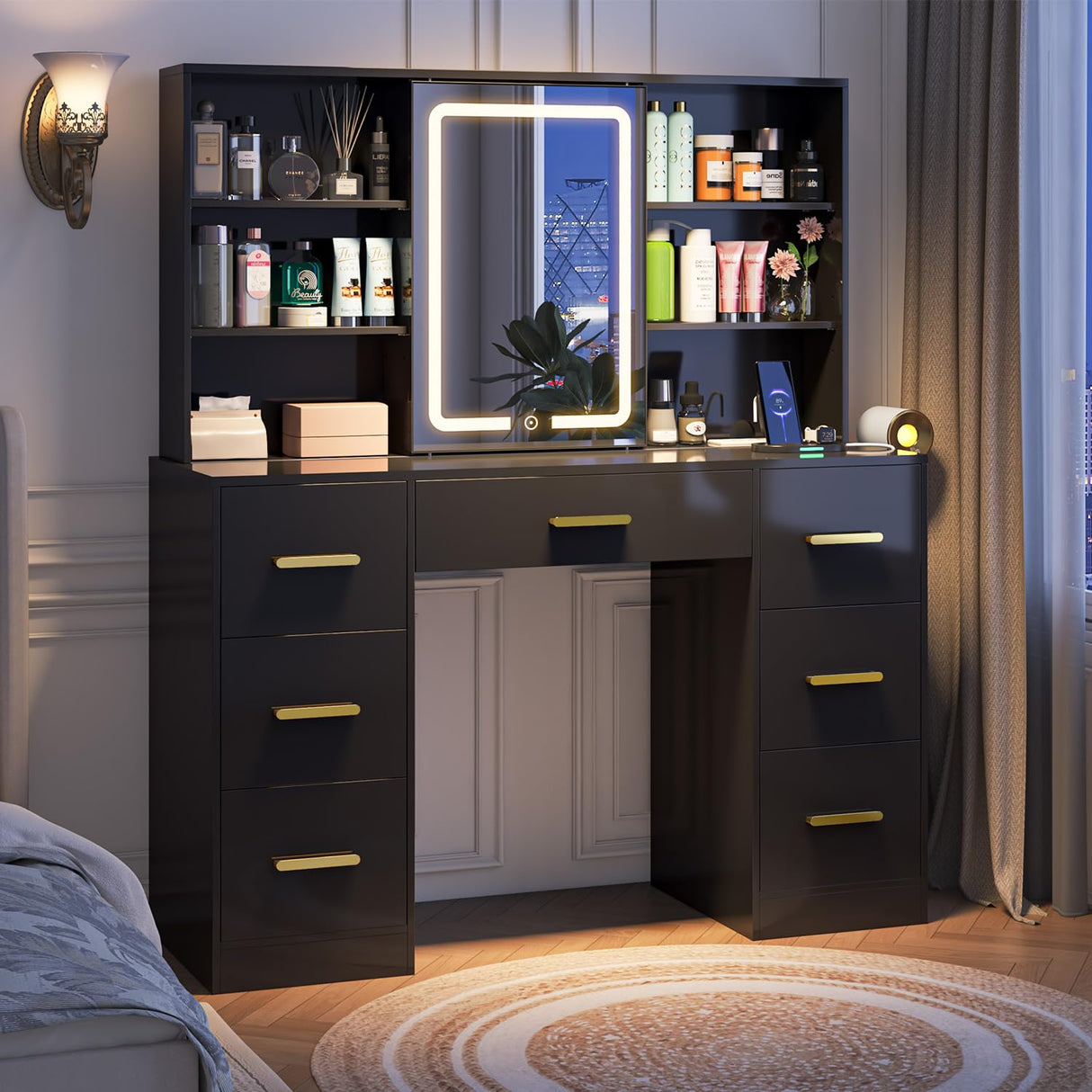 47'' W Large Vanity Desk with Mirror and Lights, 8 Storage Shelves 7 Drawers Vanity Table, Big Makeup Vanity Desk with 3 Lighting Modes, Vanity Dresser with Charging Station, Sliding Mirror (Black) knoworld