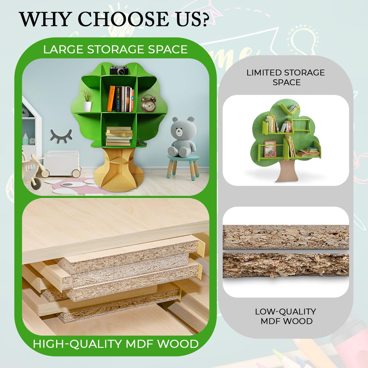 PrimeNex Tree Bookshelf, Floor Standing Tree Bookcase, Solid Wood Bookshelf for Kids Room, Classroom, Living Room, Home Office - Green PrimeNex