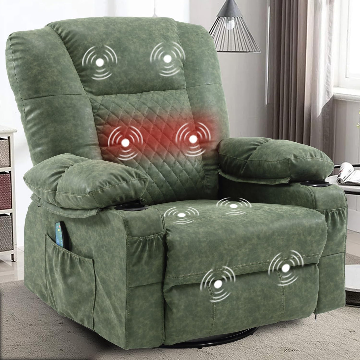 Swivel Rocker Recliner Chair for Adults with Vibration Massage, Overstuffed PU Leather Recliner with Lumbar Heat, Modern Manual Rocking Recliner with for Living Room, Home Theater, Dark Green Comermax