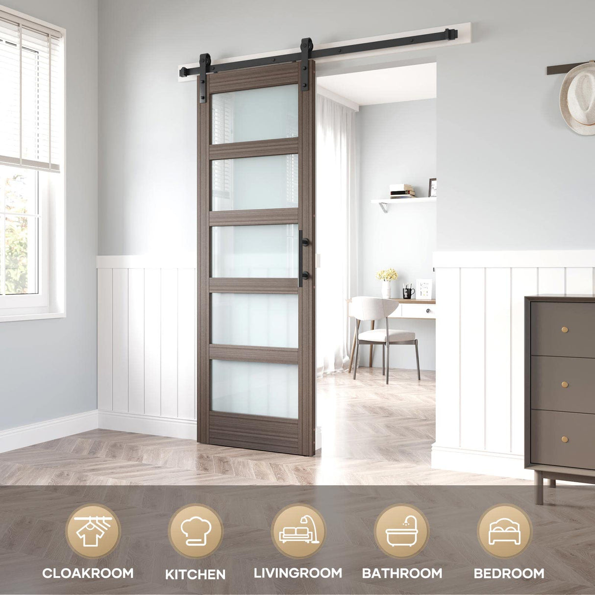 ROYMELO 30 x 84 Inch Glass Sliding Barn Door Slab and 5.5ft Hardware Kit Included, MDF Wood Panel Covered with Water-Proof Scratch-Resistant PVC Surface, Easy to Clean, Simple DIY Assembly ROYMELO