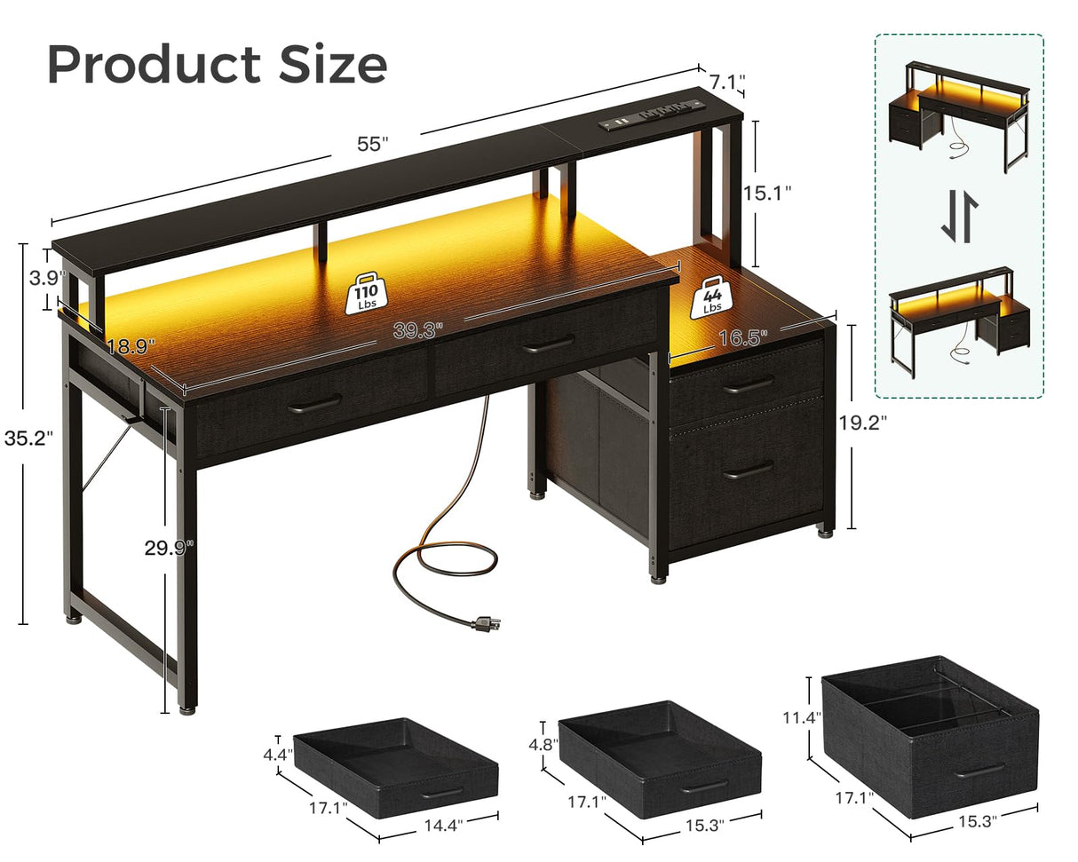 AODK 55-Inch Computer Desk with Power Outlets and LED Lights, Gaming Desk with 4 Fabric Drawers, Reversible Office Desk with Monitor Riser, Writing/Study Table for Home, Black AODK