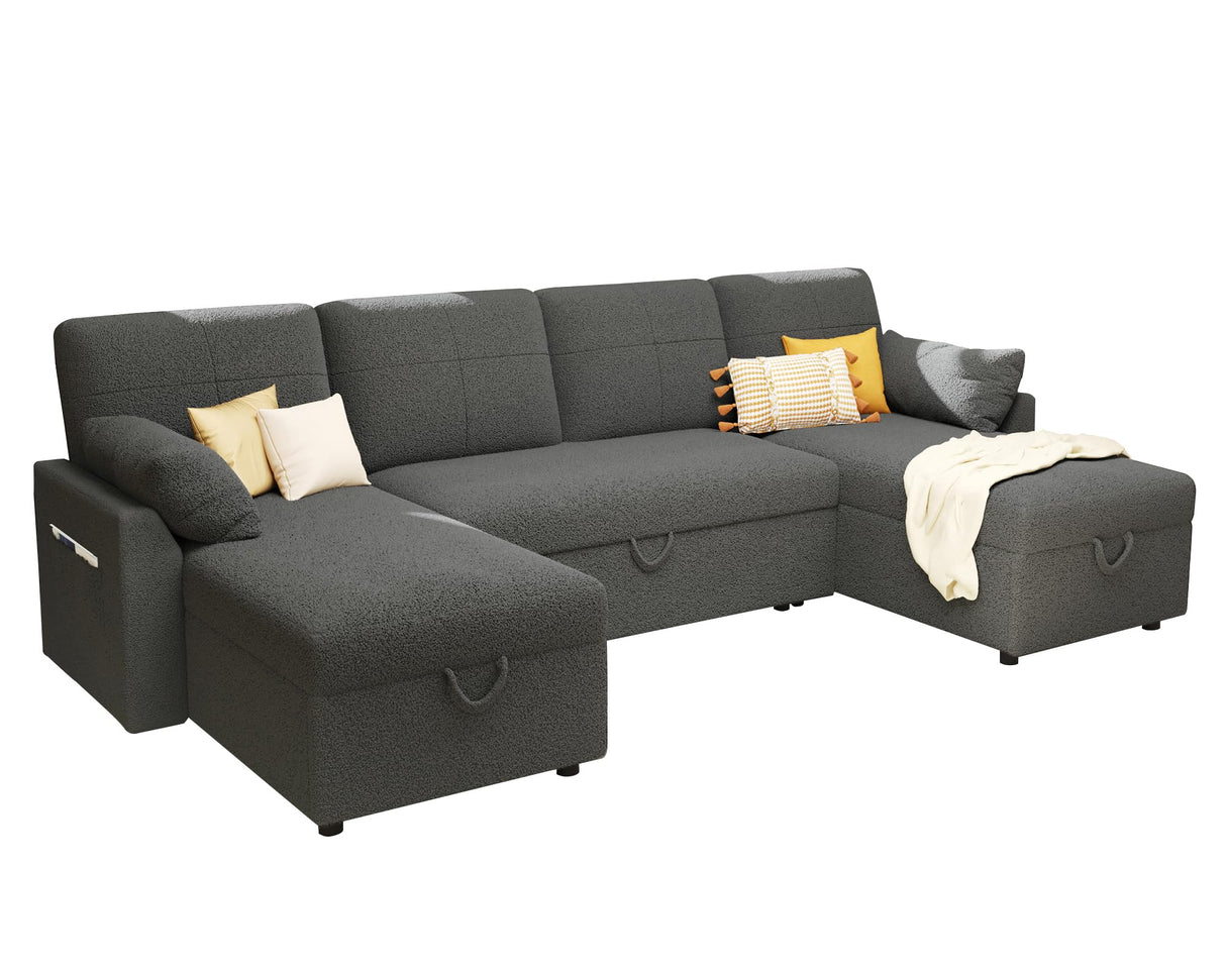 VanAcc Sleeper Sofa, 110 inch Oversize - 2 in 1 Pull Out Bed, Sectional Sleeper Sofa with Double Storage Chaise for Living Room, Grey Linen Couch VanAcc