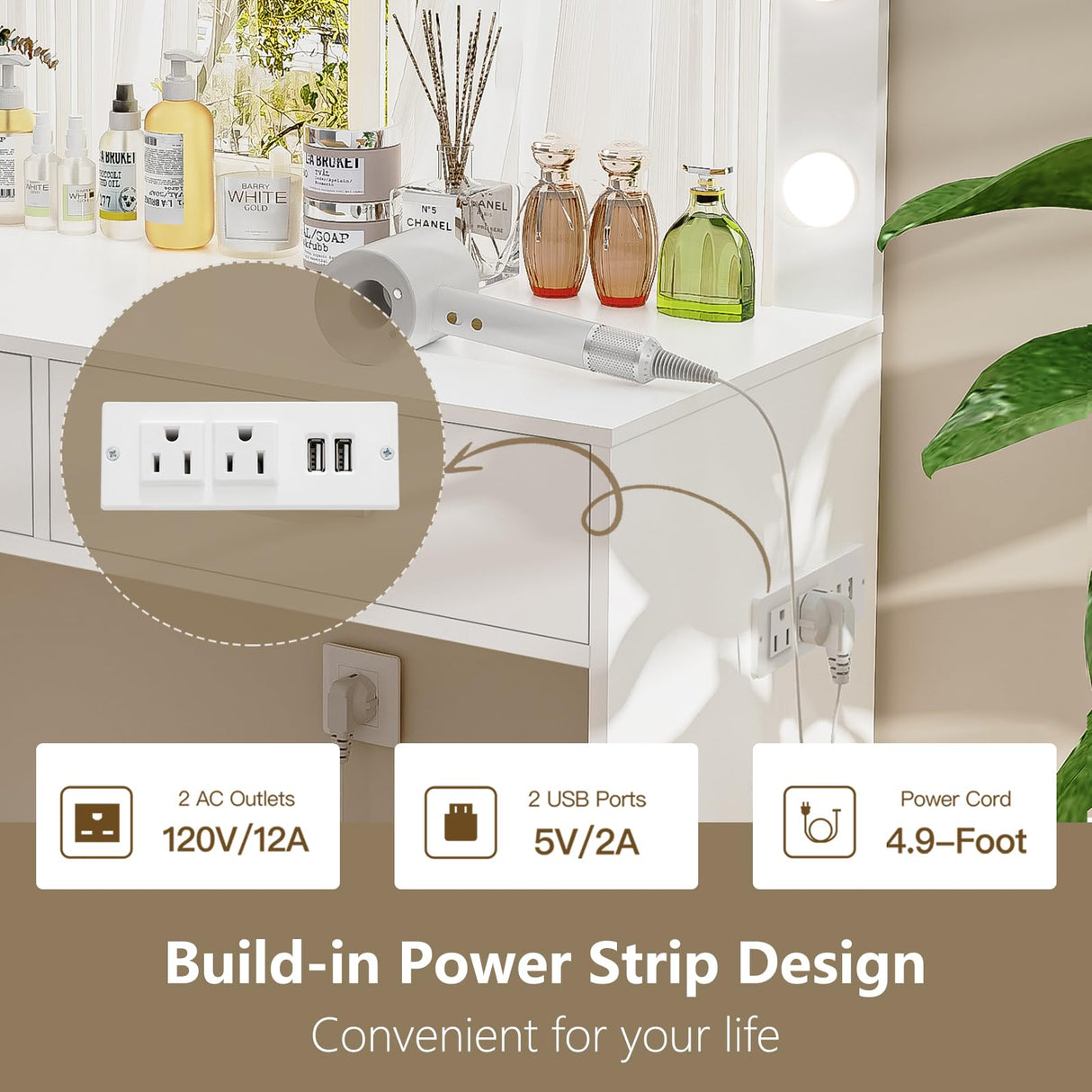 usikey Vanity Desk with Large Lighted Mirror, Makeup Vanity with 10 Lights, 2 Drawers & Power Strip, Vanity Desk Set, Dressing Vanity Tables for Women Girls, Bedroom, White usikey