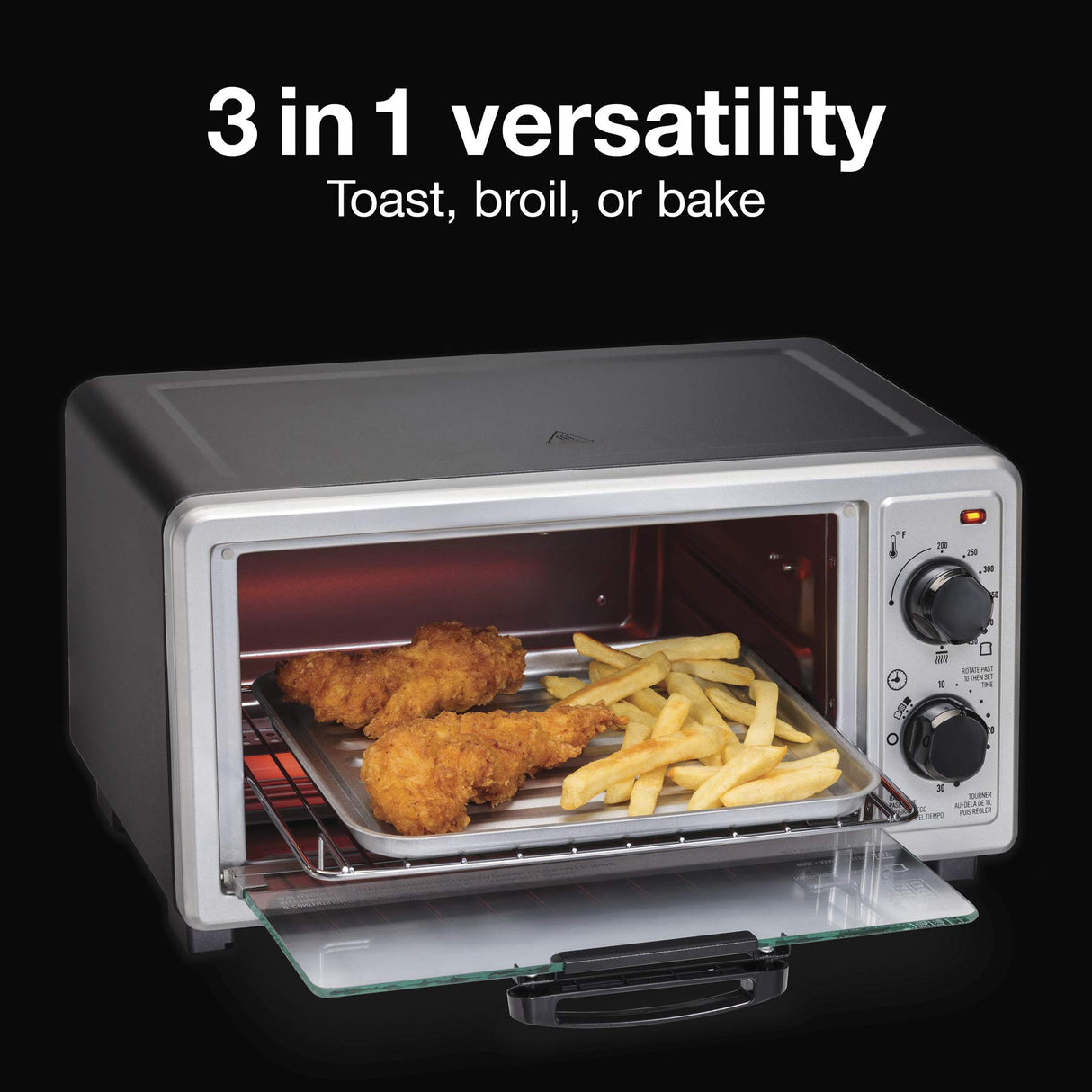 Proctor Silex 4 Slice Countertop Toaster Oven, Multi-Function with Bake, Toast and Broiler, 1100 Watts, 30 min timer and auto-shutoff, Includes Backing Pan and Rack, Black and Silver (31260) Proctor Silex