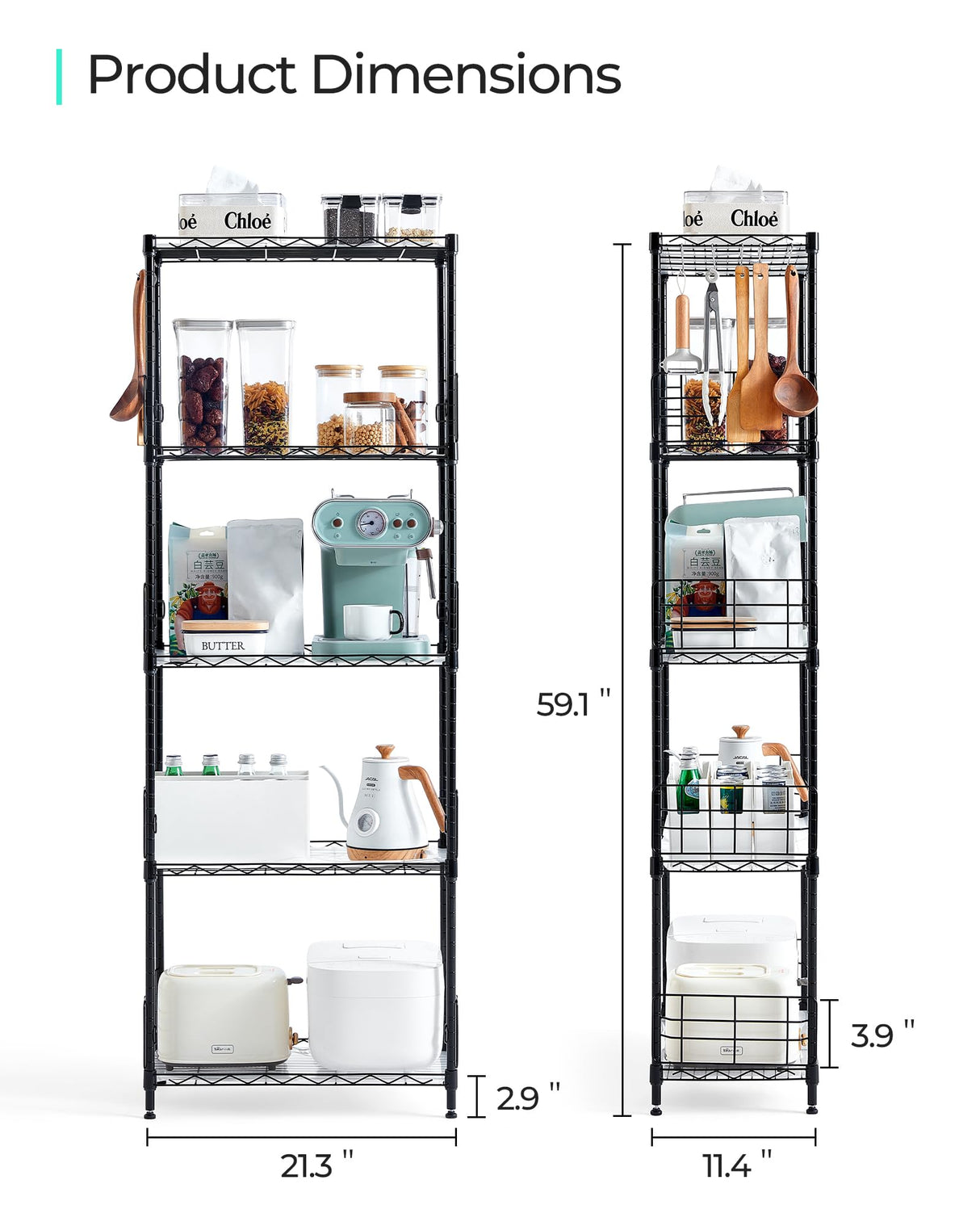 LINSY HOME Pantry Storage Shelves, 5-Tier Adjustable Heavy Duty Metal Storage Shelf, 59" Tall Standing Shelf, Upgrade Steel Wire Rack Organizer for Kitchen, Bathroom, Garage, Living Room, Black LINSY HOME