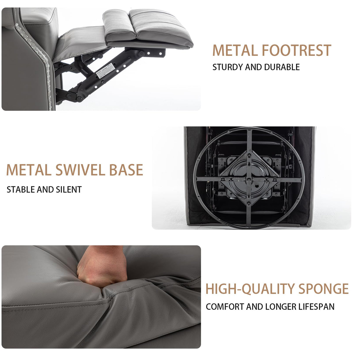 Modern Genuine Leather Swivel Rocker Recliner Chair, Manual Glider Rocking Chairs for Adults, Overstuffed Nursery Rocking Chairs with Footrest, Rocker Recliner for Living Room, Bedroom (Grey) HOMEFLEX