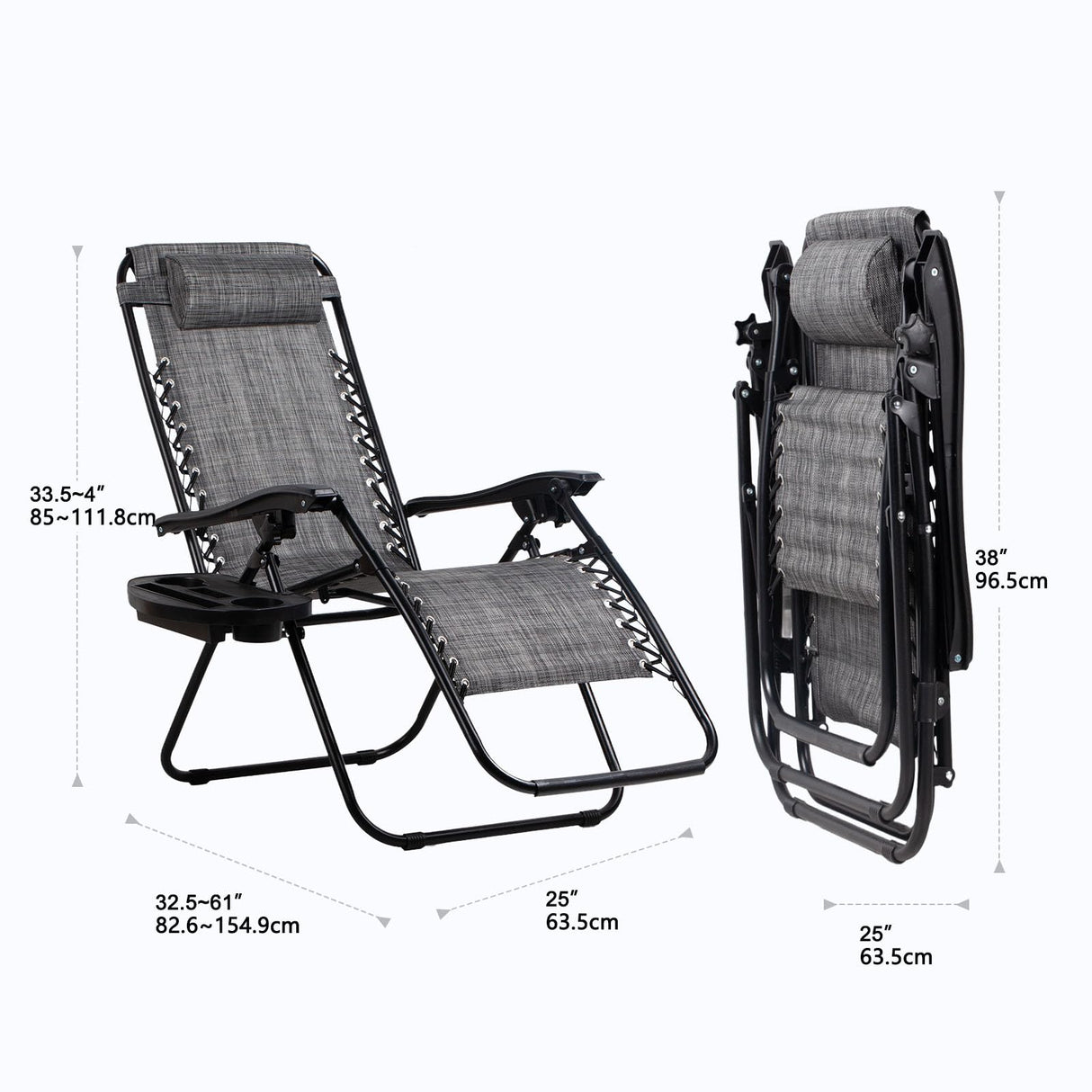 Nazhura Set of 2 Relaxing Recliners Patio Chairs Adjustable Steel Mesh Zero Gravity Lounge Chair Beach Chairs with Pillow and Cup Holder(Grey) Nazhura