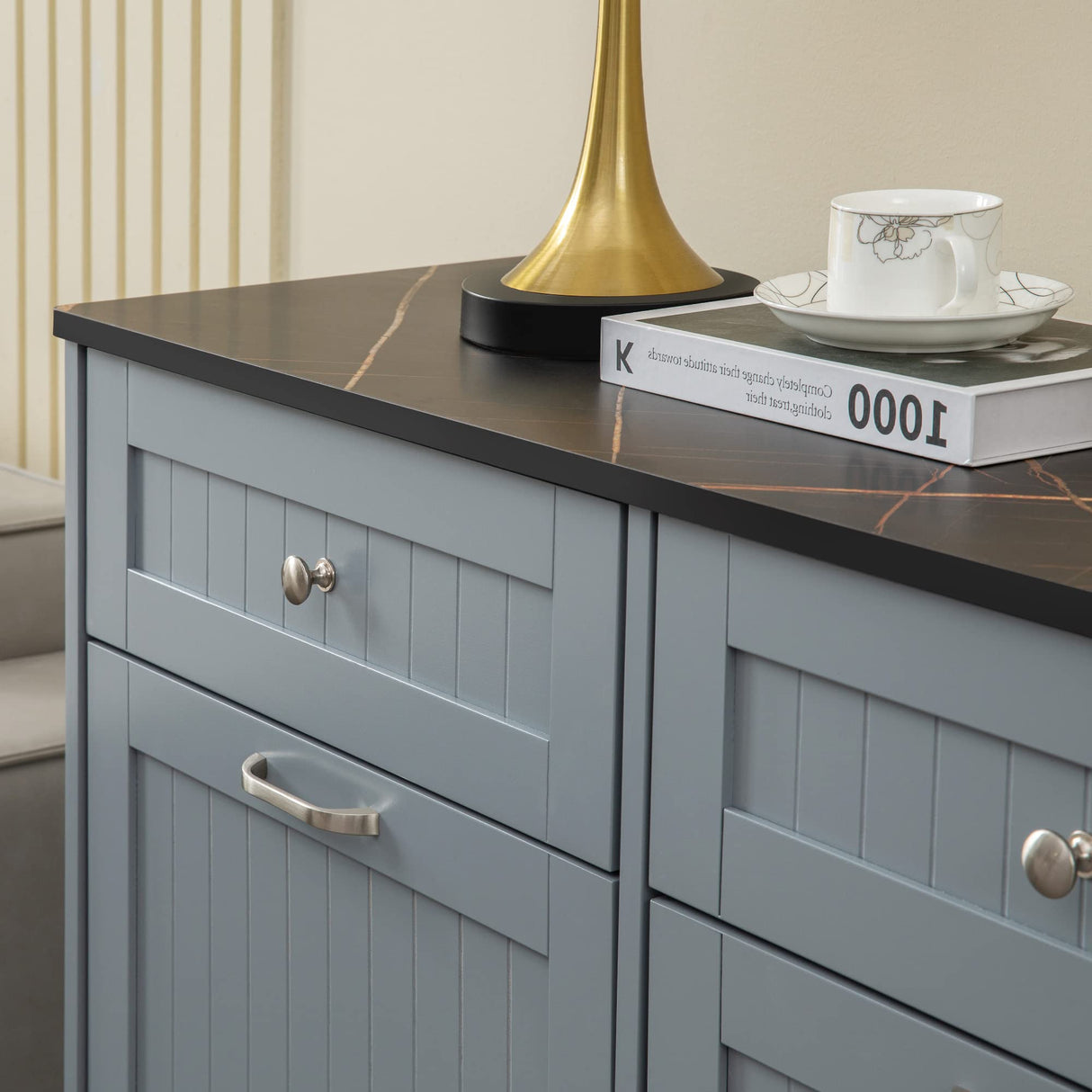 GAZHOME Double Tilt Out Trash Cabinet with Charging Station, Upgrade Wooden Trash Cabinet with Outlet,Recycling Cabinet with Hideaway Drawer,20 Gallon Tilt Out Trash Cabinet (Grey) GAZHOME