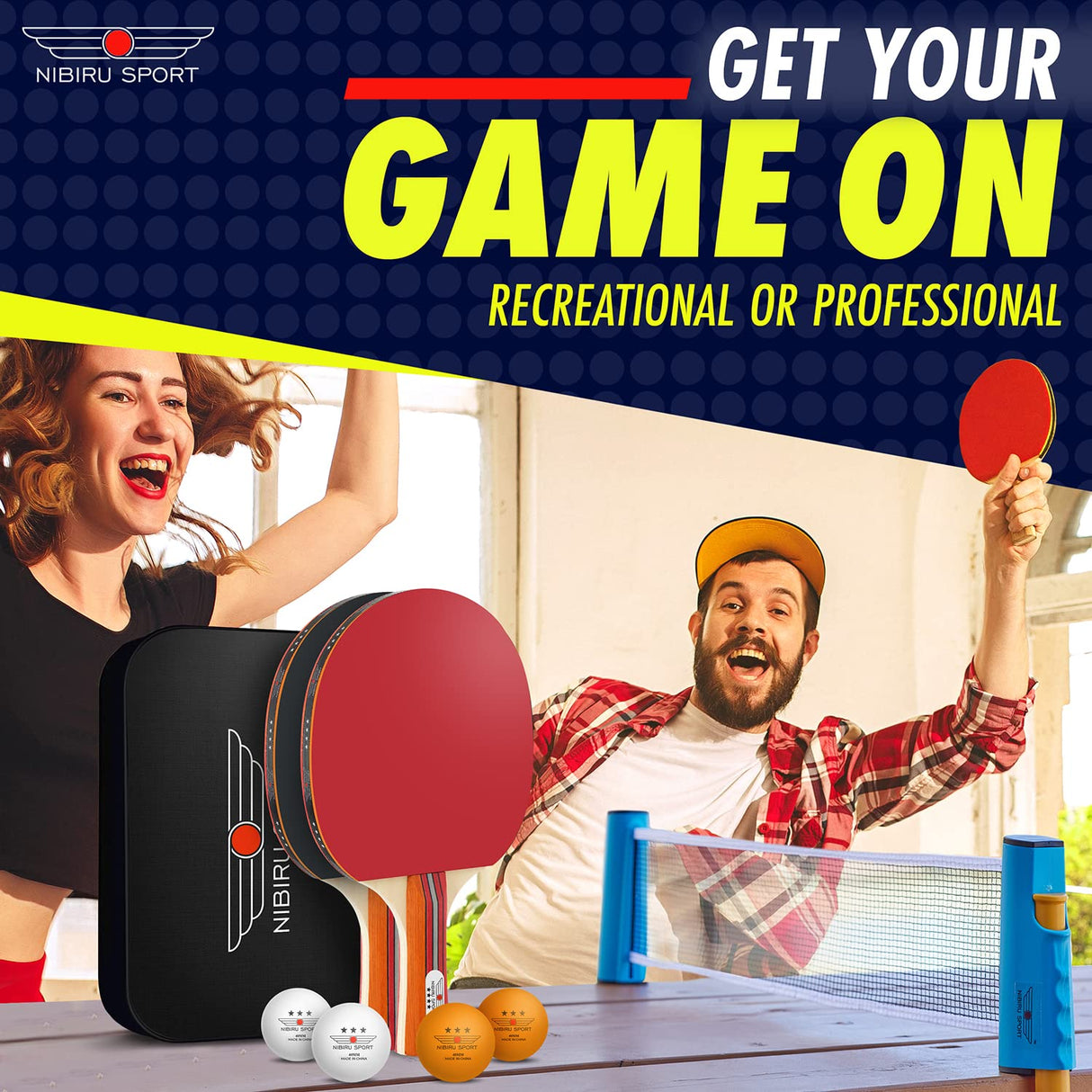 NIBIRU SPORT Professional Ping Pong Paddle Set (2-Player) - Table Tennis Paddles Set of 2 with Retractable Net, 4 Balls, and Carry Bag/Storage Case - Table Tennis Equipment & Ping Pong Accessories NIBIRU SPORT