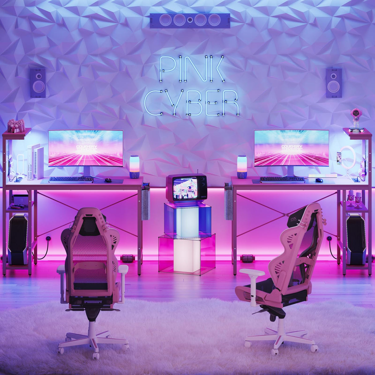 Bestier Pink Gaming Desk with Power Outlets, 44 Inch Led Gamer Desk with 4 Tiers Reversible Shelves, Pink Computer Desk with Headset Hook & Side Storage Bag for Bedroom (Pink 3D Carbon Fiber) Bestier