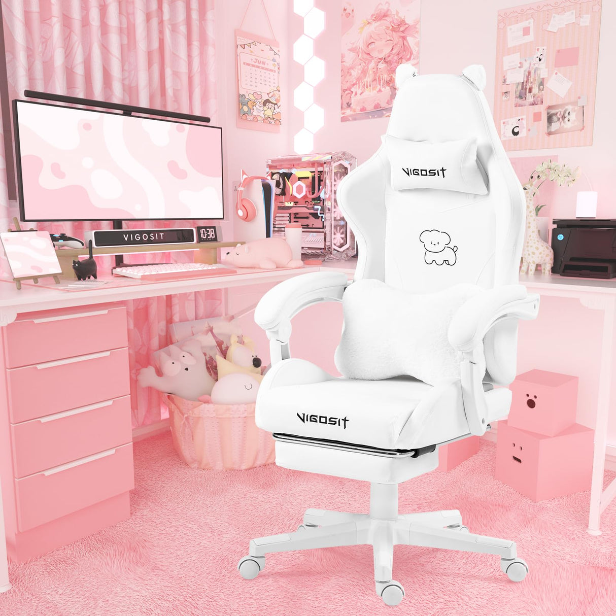 Vigosit Cute Gaming Chair with Lumbar Cushion and Decorated Ears, Ergonomic Computer Chair with Footrest, Reclining PC Game Chair for Girl, Teen, White Vigosit