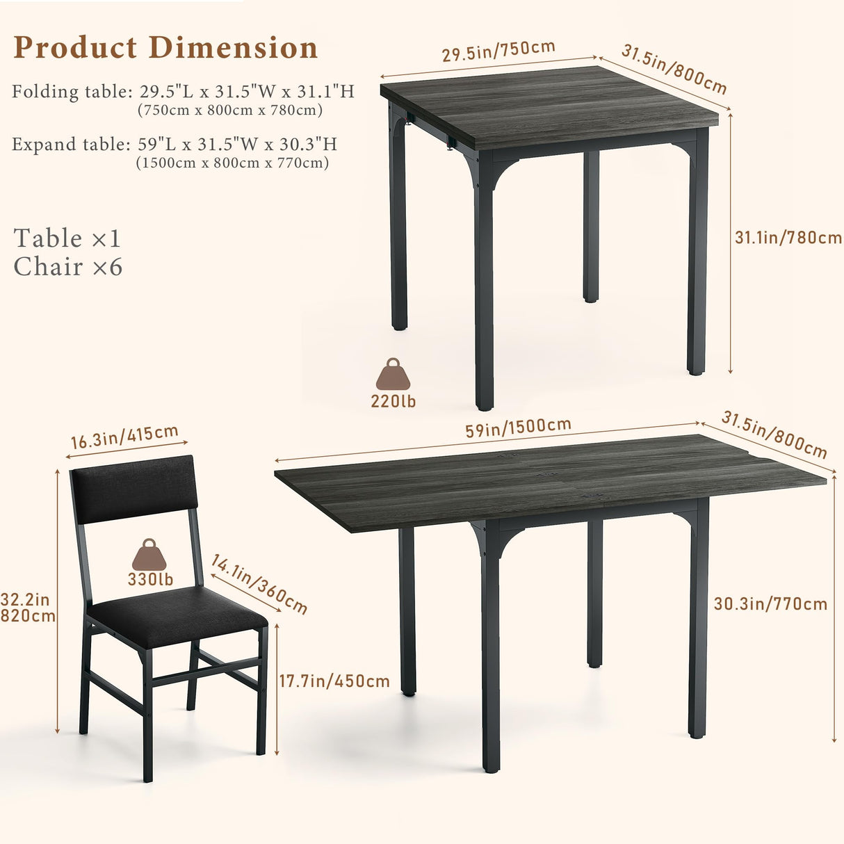 7-Piece Dining Table Set for 4-6, Extendable Kitchen Table Cushion Chairs Set of 6 with 6 Chairs, Rectangle Dining Table with Metal Frame & MDF Board, Folding for Small Apartment Saving Space,Grey Oak HUAHUU