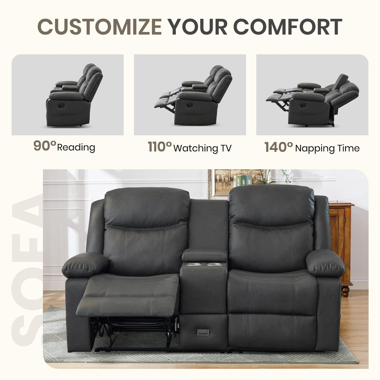 CALIVIA Manual Reclining Sofa Set, Double Recliner Loveseat and 3-Seater Sofa for Living Room, Faux Leather Upholstery with Sturdy Frame & Soft Cushions (Grey) CALIVIA