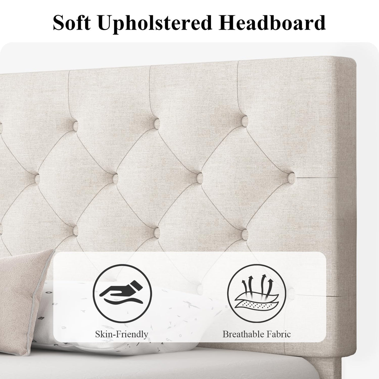 HOMBCK Full Bed Frame with Headboard, Linen Fabric Upholstered Bed Frame Full, White Bed Frame with Wood Slats, Button Tufted, No Box Spring Needed, White HOMBCK