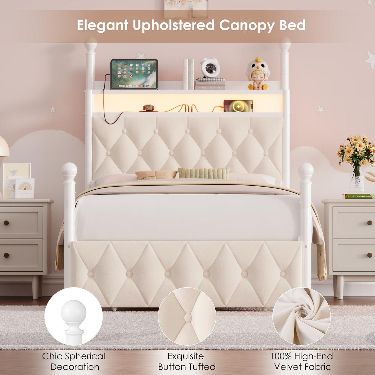 HIFIT Set of 2 Kids Twin Upholstered LED Canopy Bed Frame with Charging Station & Storage Drawer, Button Tufted Storage Headboard w/Bookshelf, Two-Use Girls Platform Bed frame w/4 Removable Post,Beige HIFIT