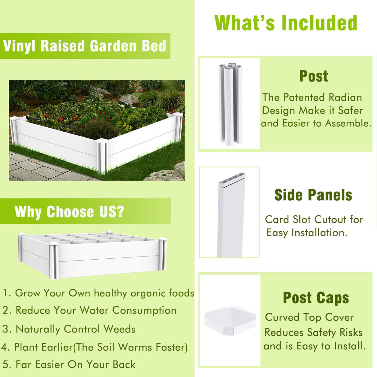 Kdgarden Raised Garden Bed Kit 4'x4' Outdoor Above Ground Planter Box for Growing Vegetables Flowers Herbs, DIY Gardening, Whelping Pen and More, Screwless White Vinyl Garden Bed with Grid Kdgarden