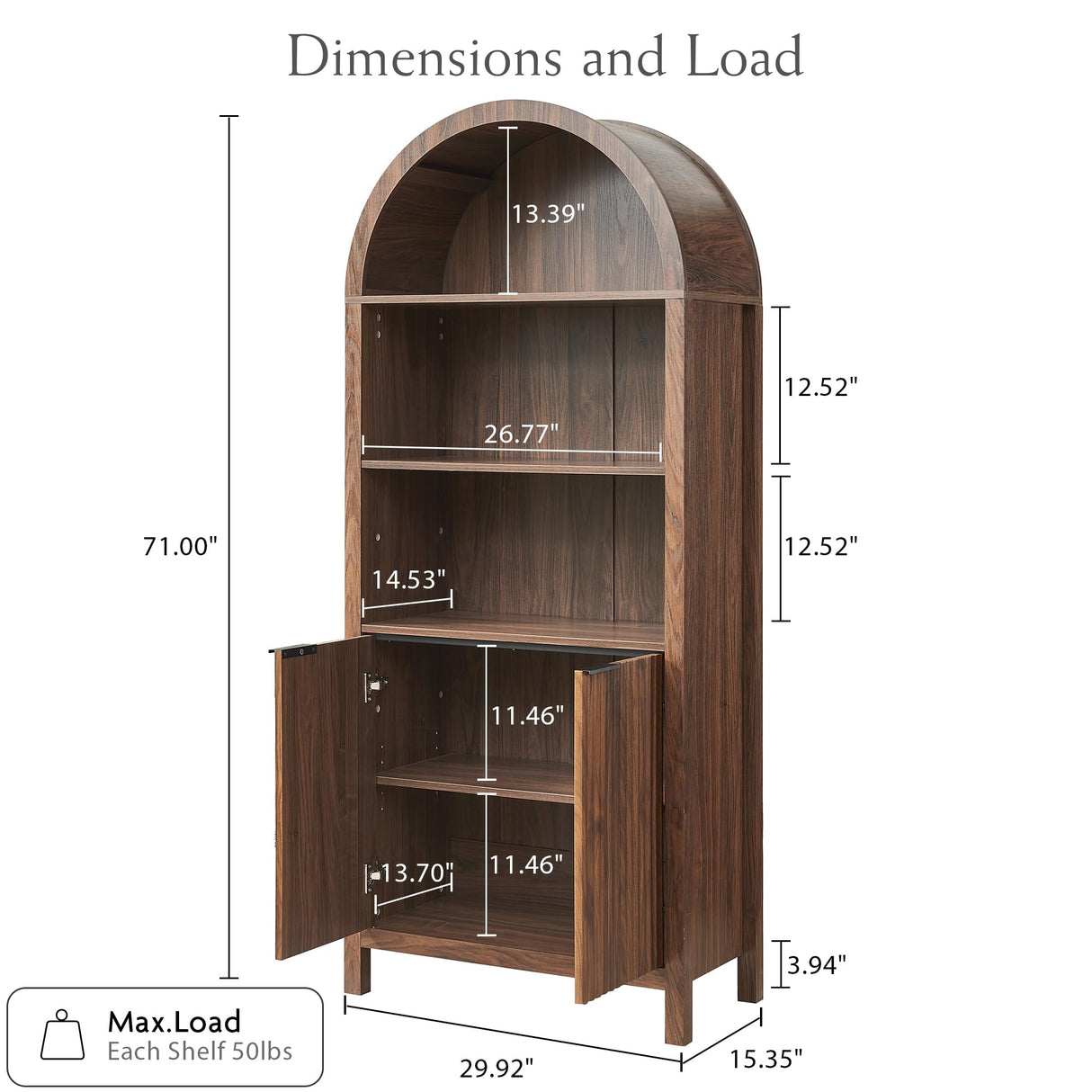 WINWY Arched Cabinet Bookshelf Bookcase - 71” Tall Mid Century Arched Display Cabinets, Rounded Bookshelf with Fluted Doors, Open Shelf Storage Cabinet for Dining Room (Walnut) WINWY