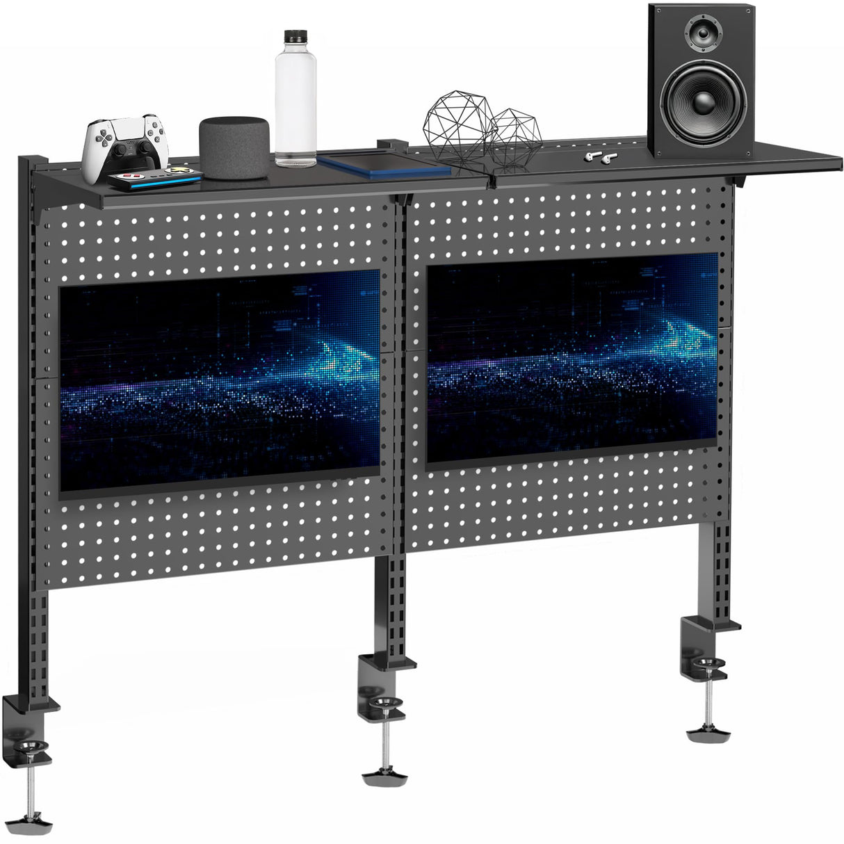 VIVO Steel Triple Clamp 47 x 31 inch Desk Pegboard System with 2 Monitor Mounts and Storage Shelf, Fits up to 32 inch Screens, Office Accessory Organizer, Black, PP-DK48SB VIVO