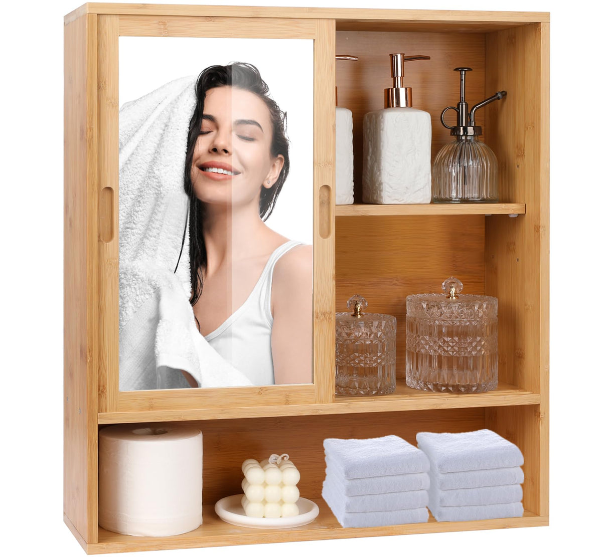 ZYBT Bamboo Bathroom Cabinet,Mirrored Medicine Cabinets,Bathroom Cabinet Wall Mounted with Storage,Medicine Cabinets with Mirror,Over The Toilet Storage with 2 Sliding Doors ZYBT